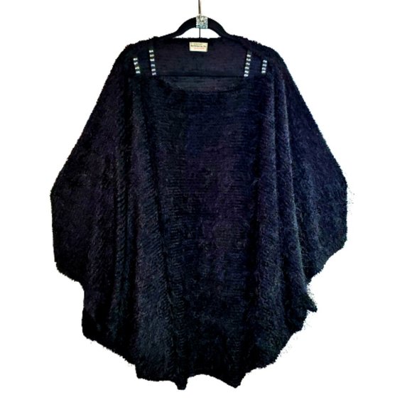 Black Oversized Fuzzy Fringe Batwing Top with Swarovski Crystals on Straps. NEW! - Picture 2 of 7